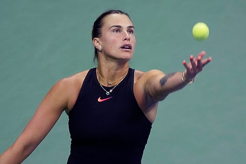 2024 US Open quarterfinals: Aryna Sabalenka, of Belarus, serves to Zheng Qinwen, of China